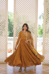 Captivating Embroidered Work Yellow Color Layer Flair Gown