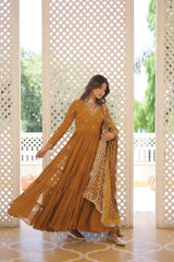 Captivating Embroidered Work Yellow Color Layer Flair Gown