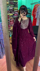 Designer Embroidery Thread Work Wine Color Anarkali Suit