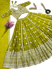 Stunning Embroidery Sequence Work Green Color Lehenga Choli