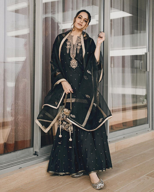 Sonakshi Sinha Style Embroidery Work Black Color Sharara Suit