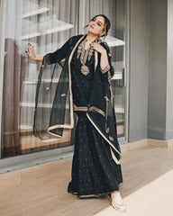 Sonakshi Sinha Style Embroidery Work Black Color Sharara Suit