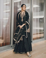 Sonakshi Sinha Style Embroidery Work Black Color Sharara Suit