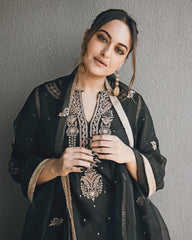 Sonakshi Sinha Style Embroidery Work Black Color Sharara Suit