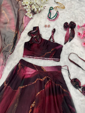 Organza Silk Wine Color Lehenga With Exclusive Blouse