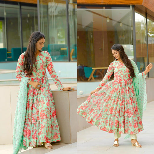 Exclusive Pista Color Digital Printed Anarkali Gown