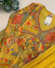 Yellow Color Multi Print Kurti Pant With Dupatta