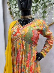 Yellow Color Multi Print Kurti Pant With Dupatta