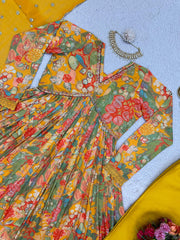 Yellow Color Multi Print Kurti Pant With Dupatta