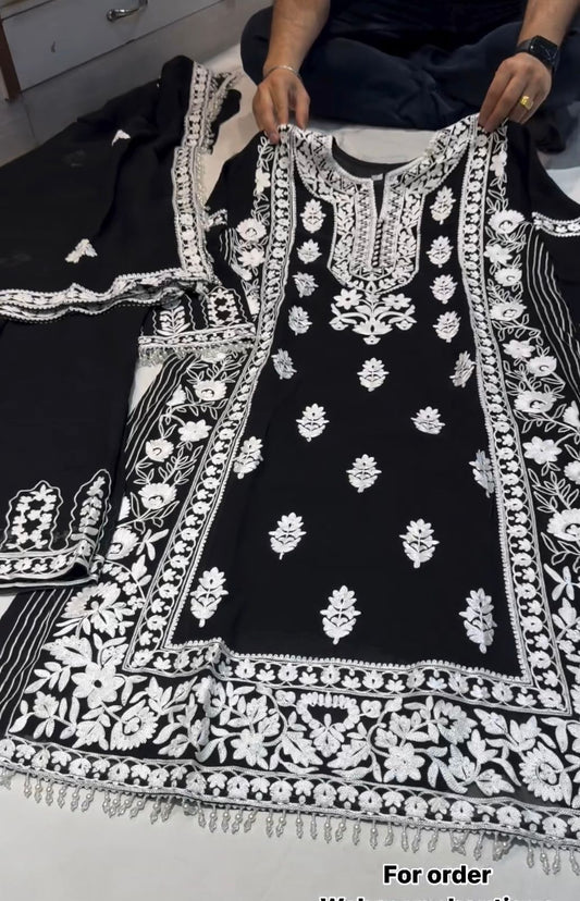 Shining Embroidery Work Black Color Plazzo Suit