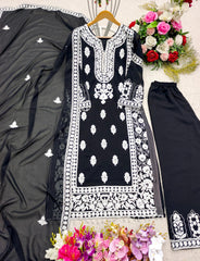 Shining Embroidery Work Black Color Plazzo Suit