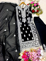 Shining Embroidery Work Black Color Plazzo Suit