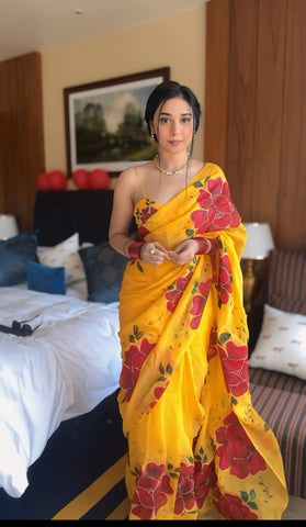 Beautiful Yellow Color Flowers Design Ready To Wear Saree