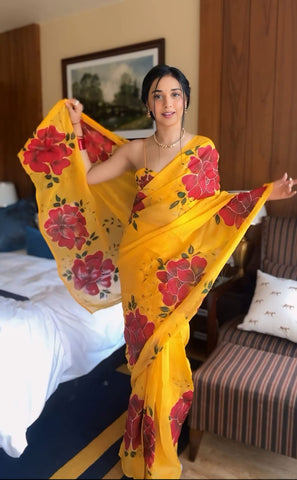 Beautiful Yellow Color Flowers Design Ready To Wear Saree