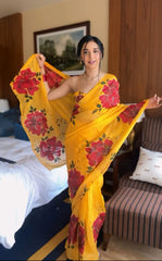 Beautiful Yellow Color Flowers Design Ready To Wear Saree