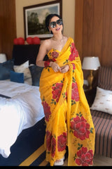 Beautiful Yellow Color Flowers Design Ready To Wear Saree