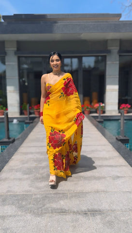 Beautiful Yellow Color Flowers Design Ready To Wear Saree
