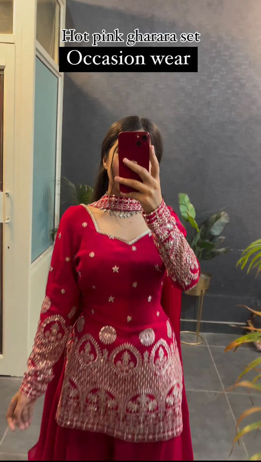 Pink Color Work Top With Plain Sharara Suit