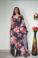 Beautiful Black Color Rose Design Ready To Wear Saree