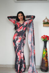 Beautiful Black Color Rose Design Ready To Wear Saree