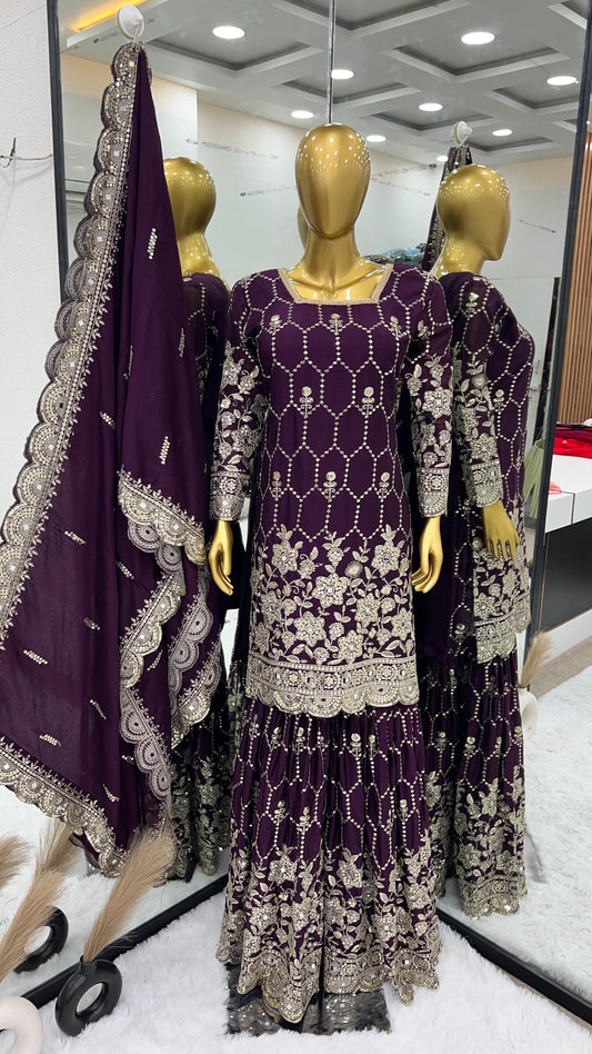 Gorgeous Embroidery Sequence Work Wine Color Sharara Suit
