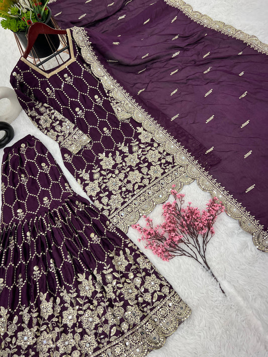 Gorgeous Embroidery Sequence Work Wine Color Sharara Suit