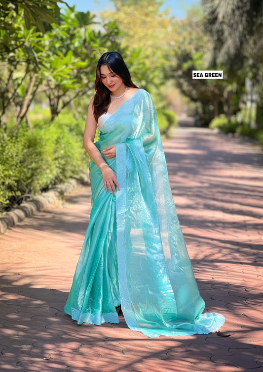 Beautiful Silver Swarovski Diamond Work Sea Green Color Saree