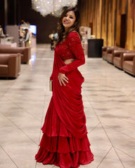 Stunning Red Color Ready To Wear Lehenga Saree