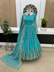 Mesmerizing Embroidery Sequence Work Rama Color Long Gown