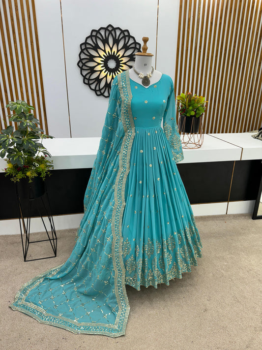 Mesmerizing Embroidery Sequence Work Rama Color Long Gown