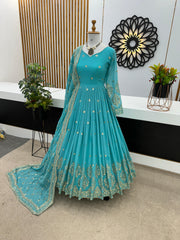 Mesmerizing Embroidery Sequence Work Rama Color Long Gown