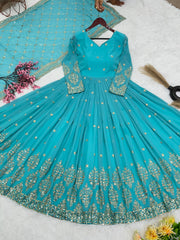 Mesmerizing Embroidery Sequence Work Rama Color Long Gown