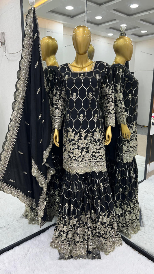 Gorgeous Embroidery Sequence Work Black Color Sharara Suit