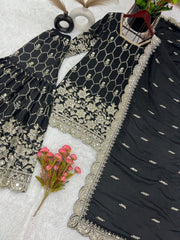 Gorgeous Embroidery Sequence Work Black Color Sharara Suit