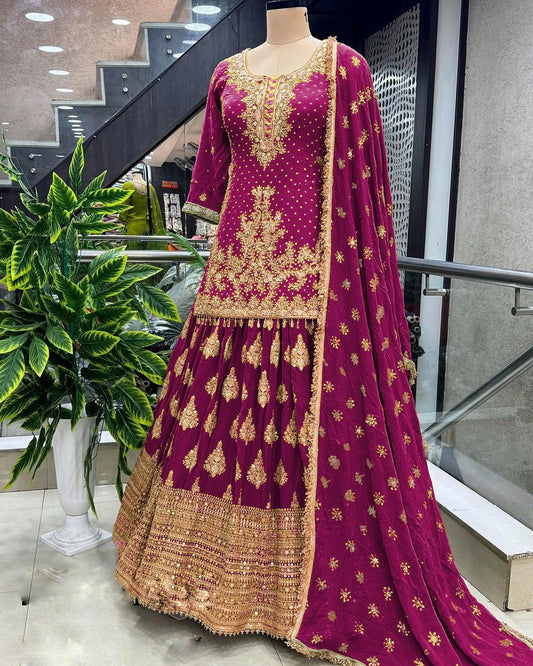 Presenting Embroidery Sequence Work Pink Color Top With Lehenga