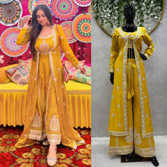 Imposing Thread With Sequence Work Yellow Color Koti With Palazzo