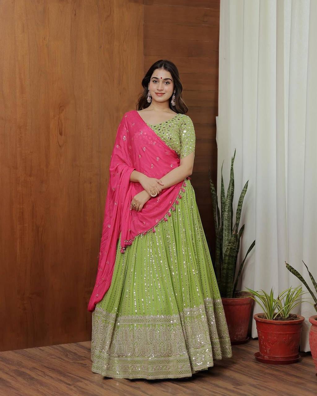 Traditional Wear Parrot Green Lehenga Choli With Pink Dupatta