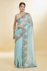 Glimmering Embroidery Multi Treads Work Sky Color Saree