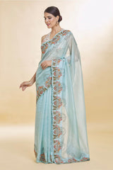 Glimmering Embroidery Multi Treads Work Sky Color Saree