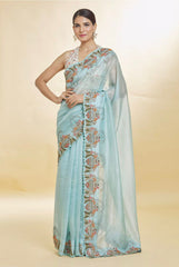 Glimmering Embroidery Multi Treads Work Sky Color Saree