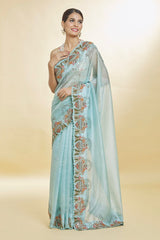 Glimmering Embroidery Multi Treads Work Sky Color Saree