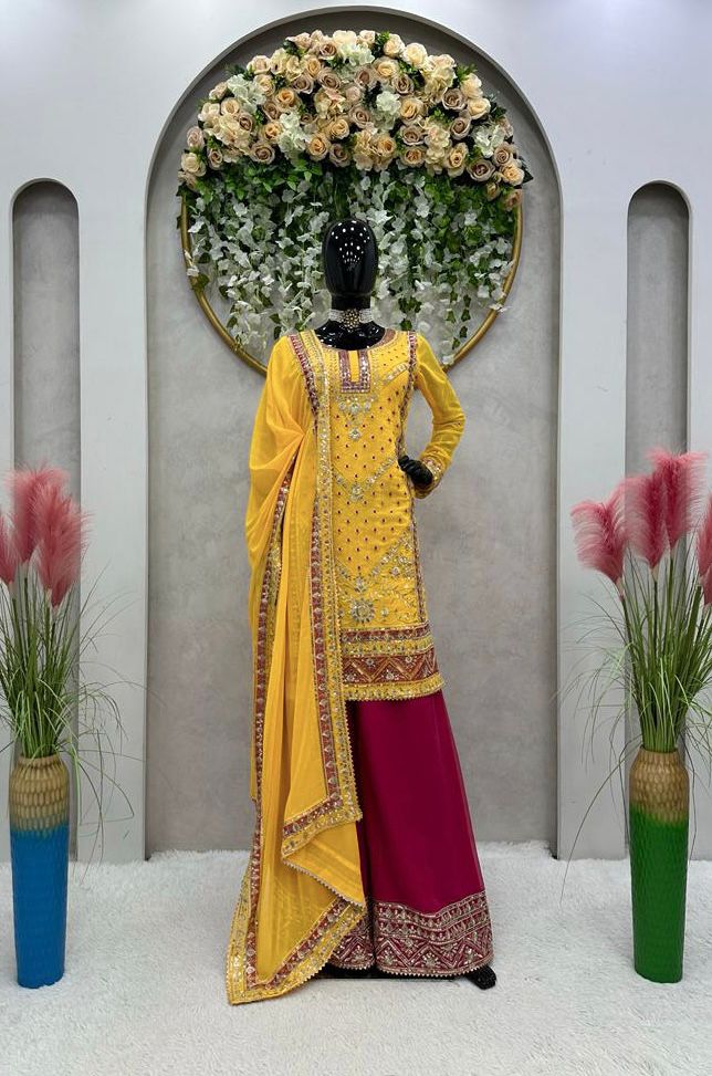 Gorgeous Thread With Sequence Work Yellow Color Palazzo Suit