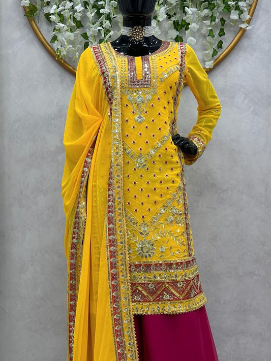 Gorgeous Thread With Sequence Work Yellow Color Palazzo Suit