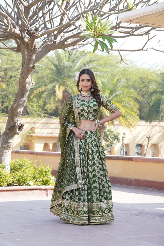 Captivating Sequins Work Green Color Lehenga Choli