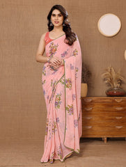 Beautiful Peach Color Flower Design Ready To Wear Saree