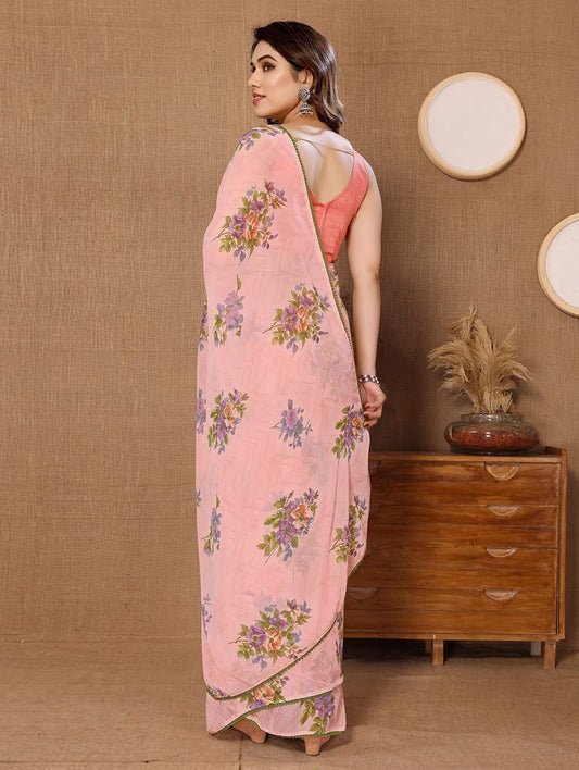 Beautiful Peach Color Flower Design Ready To Wear Saree