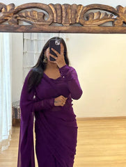 Beautiful Wine Color Ready To Wear Saree