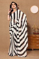 Marvelous White And Black Colour Zibra Design Ready To Wear Saree