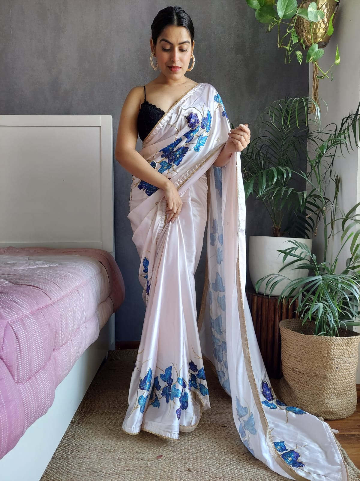 Beautiful Floral Digital Print White Color Saree