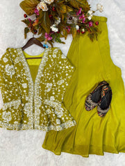 New Fabulous Embroidery Work Mehndi Color Palazzo Suit